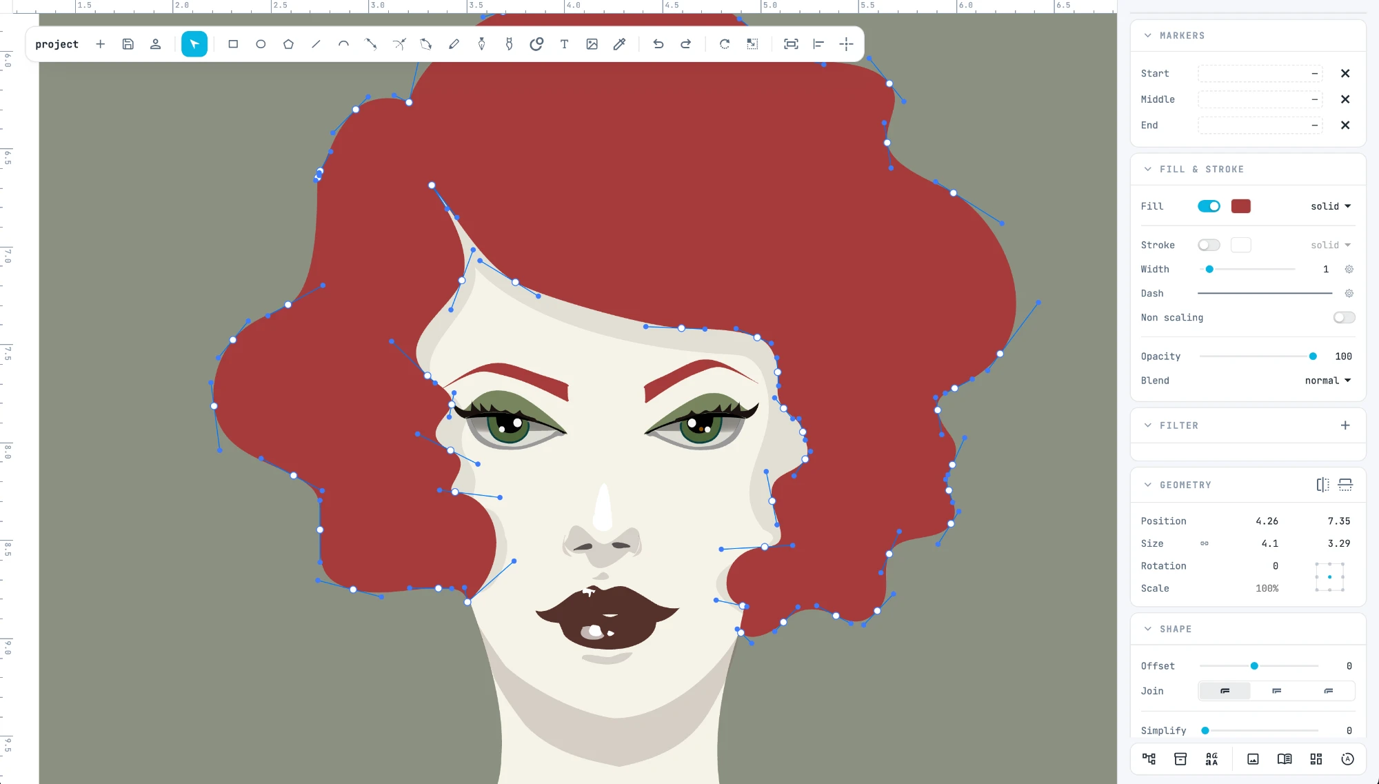 A vector portrait with red hair: the hair path selected, with its points and handles, and the Fill & stroke panel