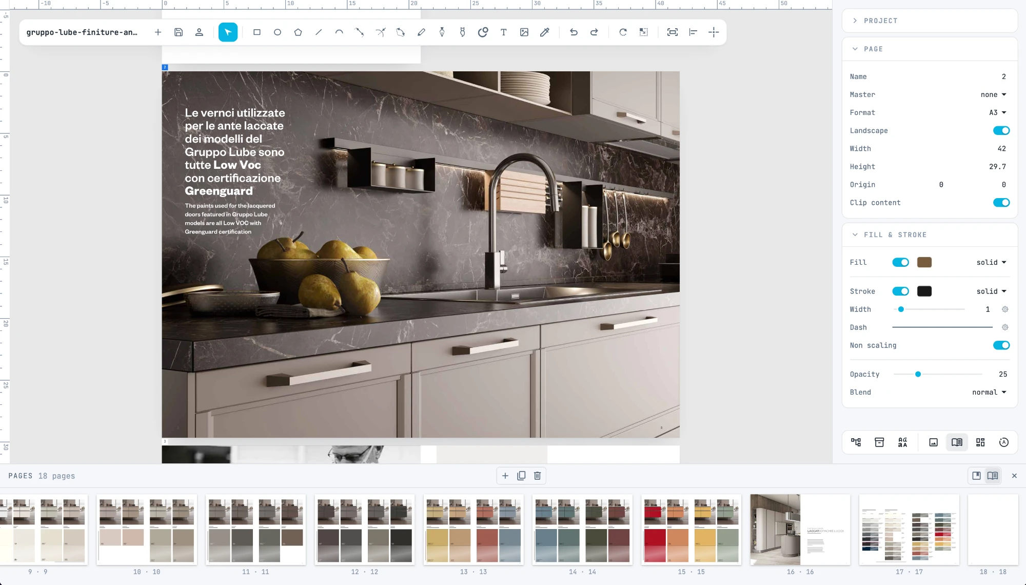 A kitchen catalog in landscape A3: a page with photo and text, and the Pages panel with its eighteen pages