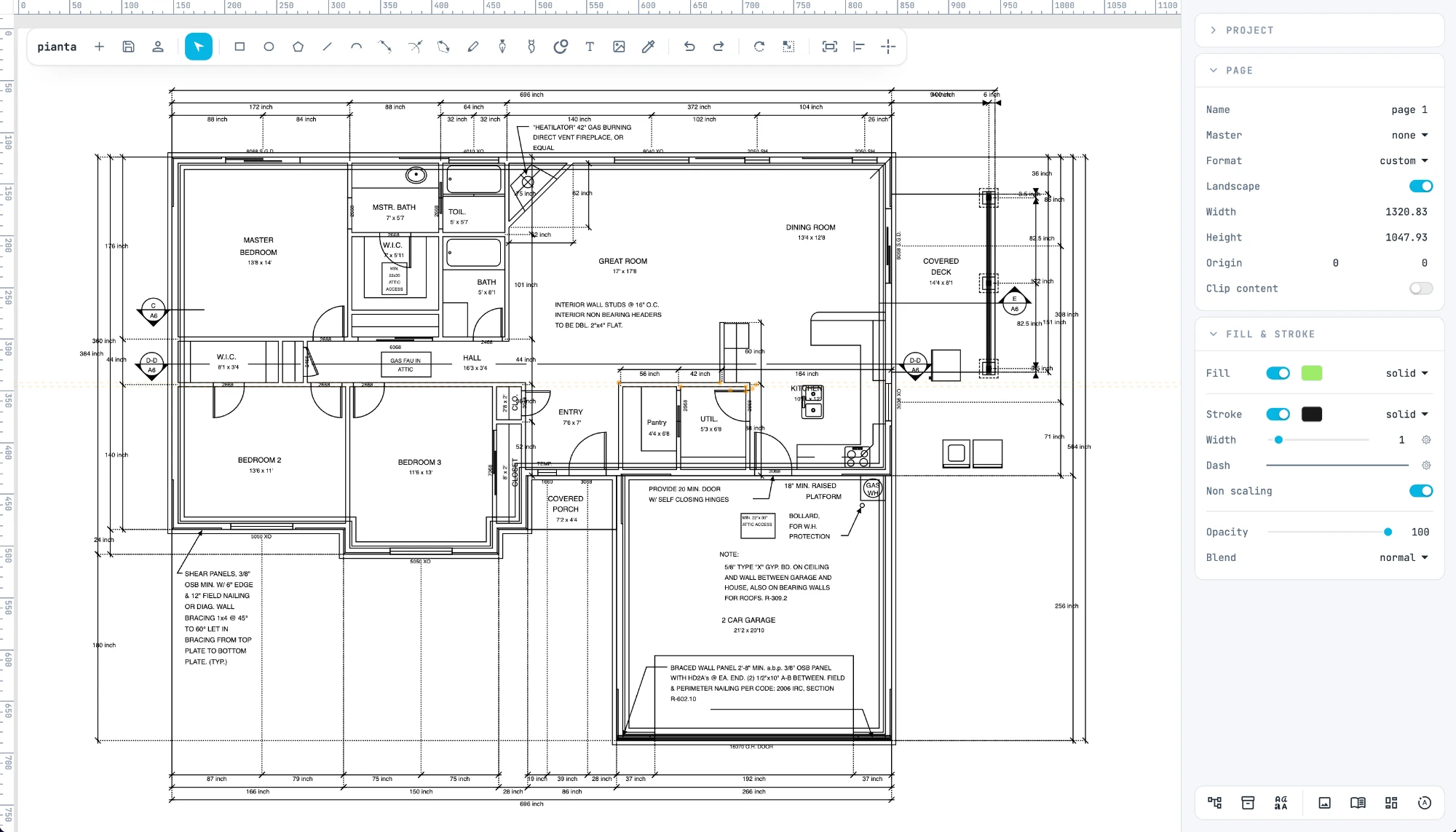 A floor plan from DXF open in Janvas, with the rooms, dimensions and notes, and the page inspector