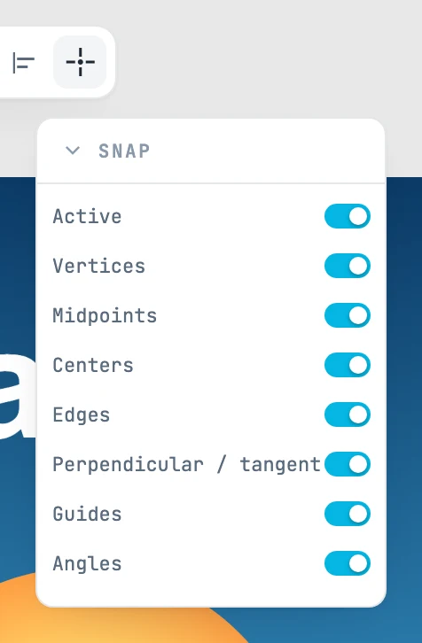 The Snap panel opened from its button in the toolbar, with the seven kinds of snapping turned on