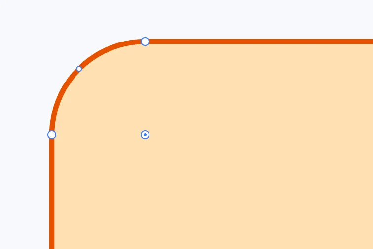 A corner rounded with an arc in point mode: the ends of the fillet and the grip at its centre to adjust it