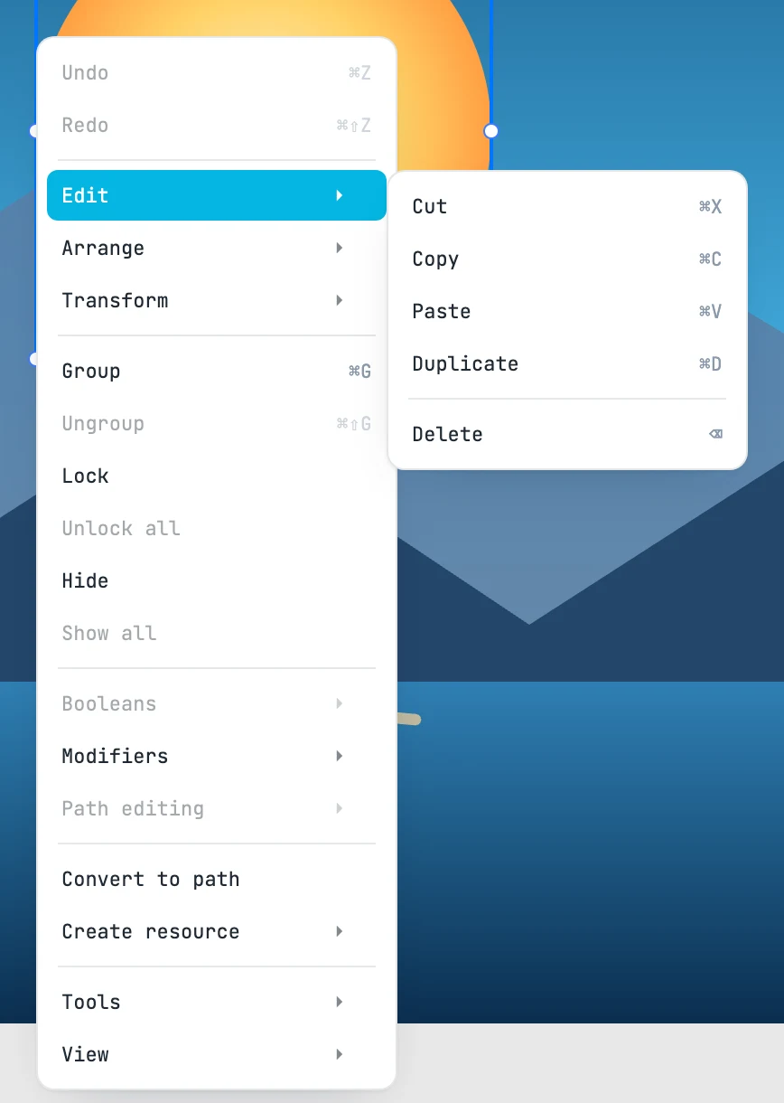 Il menu del tasto destro con il sottomenu Edit aperto: Cut, Copy, Paste, Duplicate, Delete