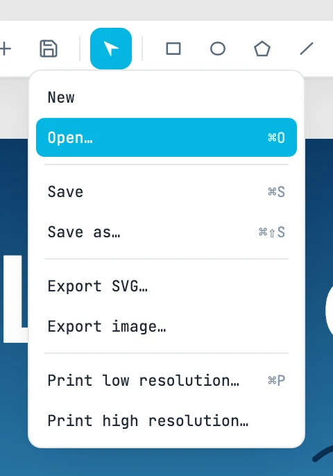 Le menu du fichier avec Open… sous le pointeur