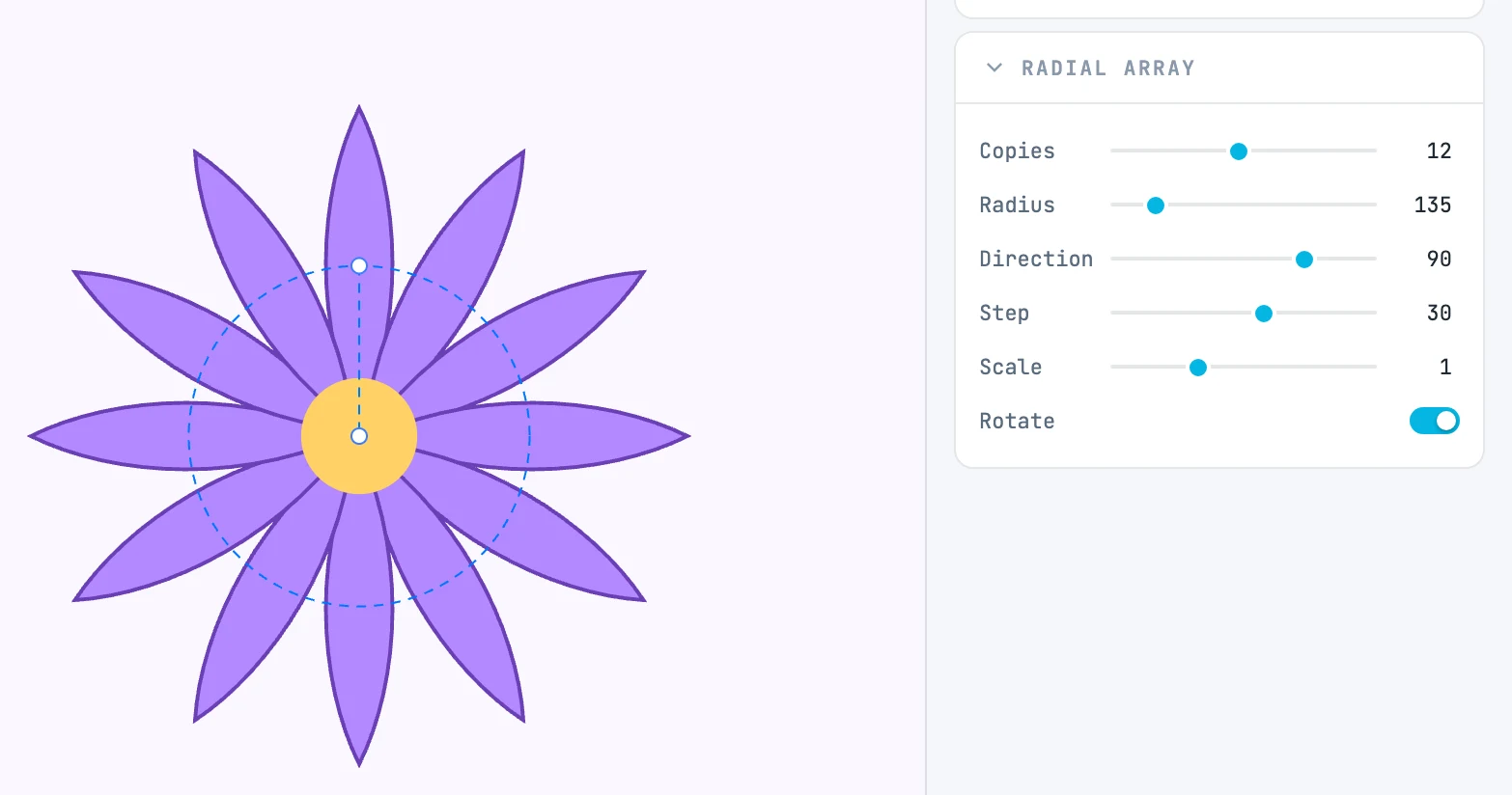 A petal repeated twelve times around ( radial array ), selected, with the Radial array panel