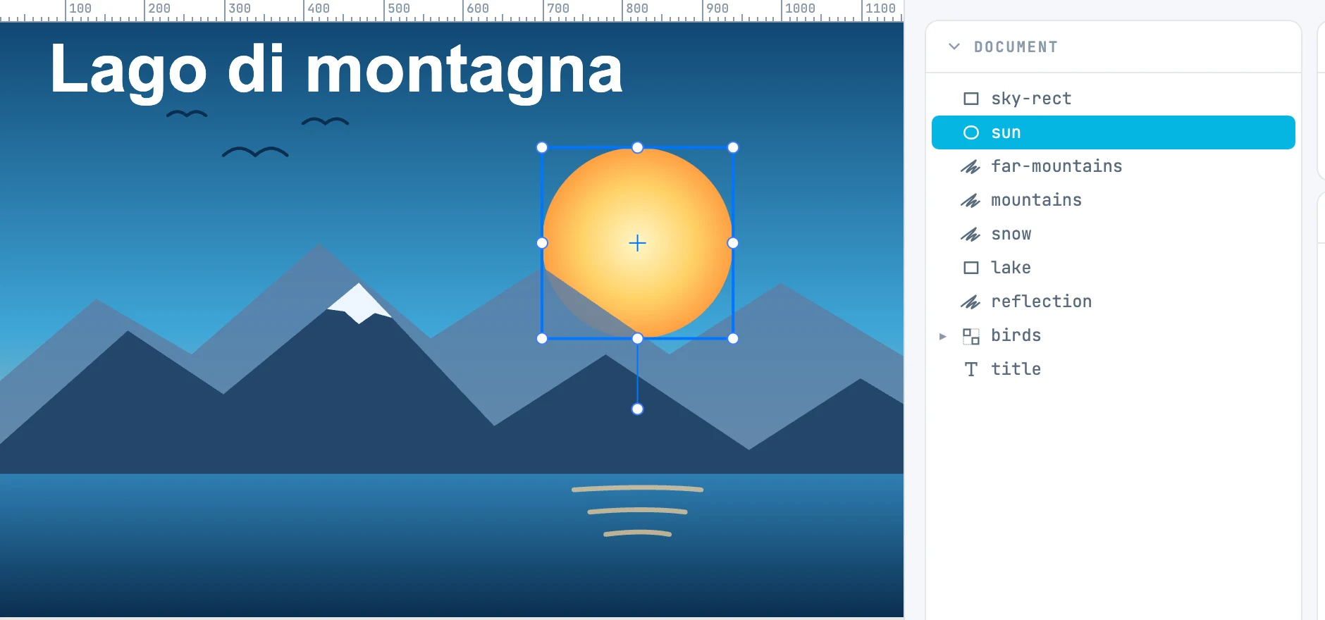 Il paesaggio di prova con il sole scelto, e l'albero Document con tutti i suoi oggetti in ordine