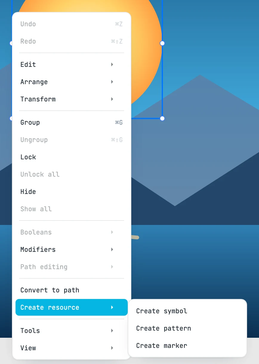 The right-click menu with the Create resource submenu open: Create symbol, Create pattern, Create marker