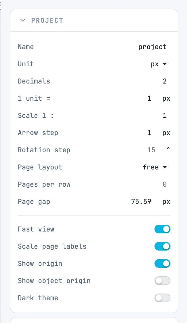 Il pannello Project a selezione vuota: unità, decimali, valore di un'unità, scala, passi e disposizione delle pagine