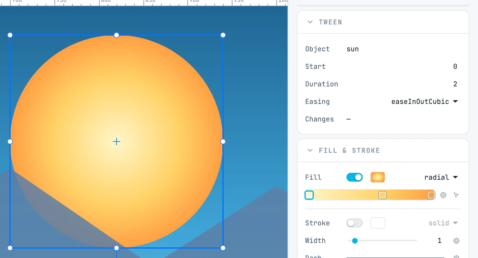 The sun's tween selected, with Easing set to easeInOutCubic in the Tween panel