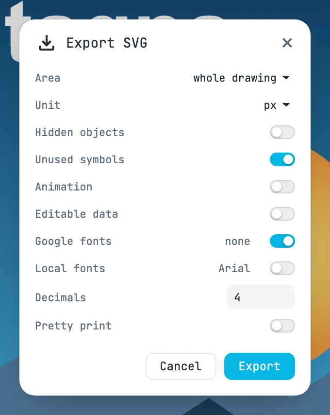Il dialogo Export SVG: area, unità, oggetti nascosti, simboli, animazione, dati modificabili e font
