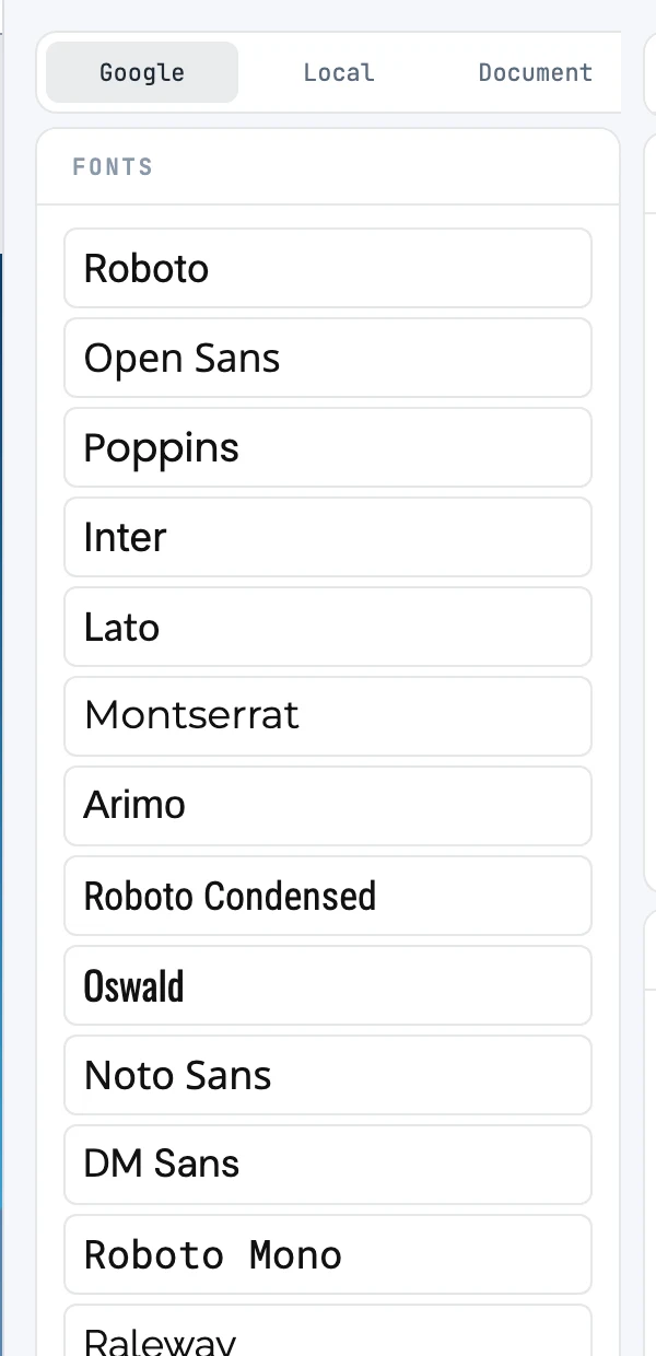 Die Schriftspalte, über die Fußleiste geöffnet: die Reiter Google, Local und Document und die Liste im Bedienfeld Fonts