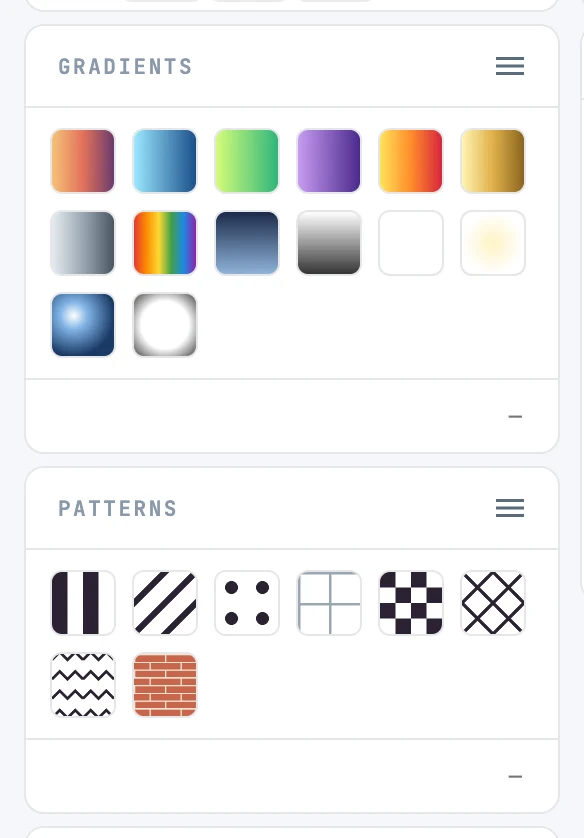 The Gradients and Patterns panels: the grid of previews, with the landscape's gradients at the end