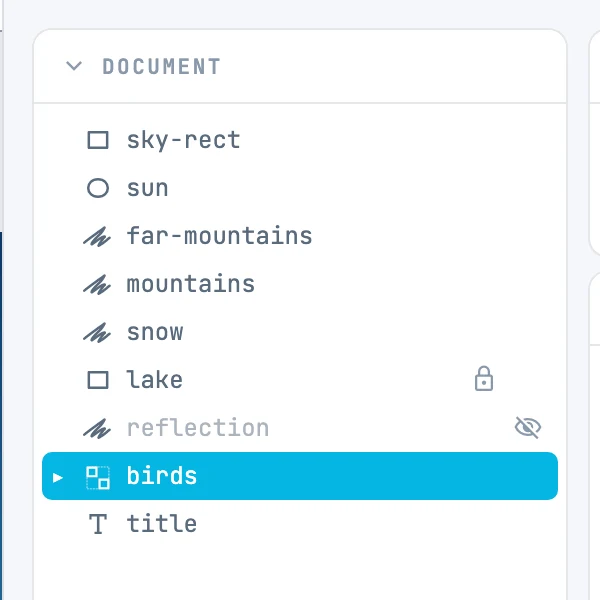 L'arborescence Document avec le lac verrouillé ( cadenas ), les reflets masqués ( œil barré ) et le groupe des oiseaux sélectionné