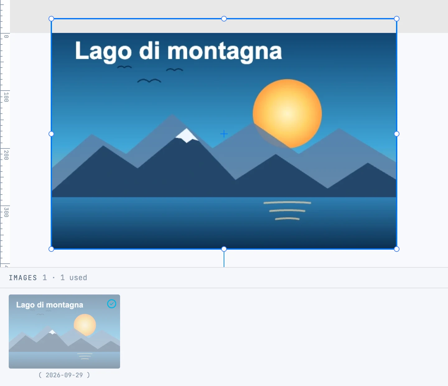 A PNG dropped on the canvas: the image placed and selected, and below it the Images panel with the document's archive