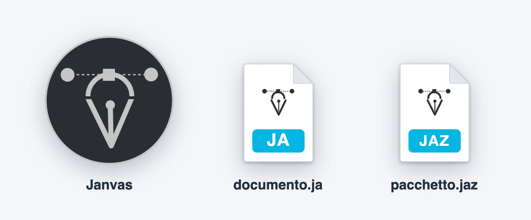 The icons of the Janvas app and of its two documents, .ja and .jaz