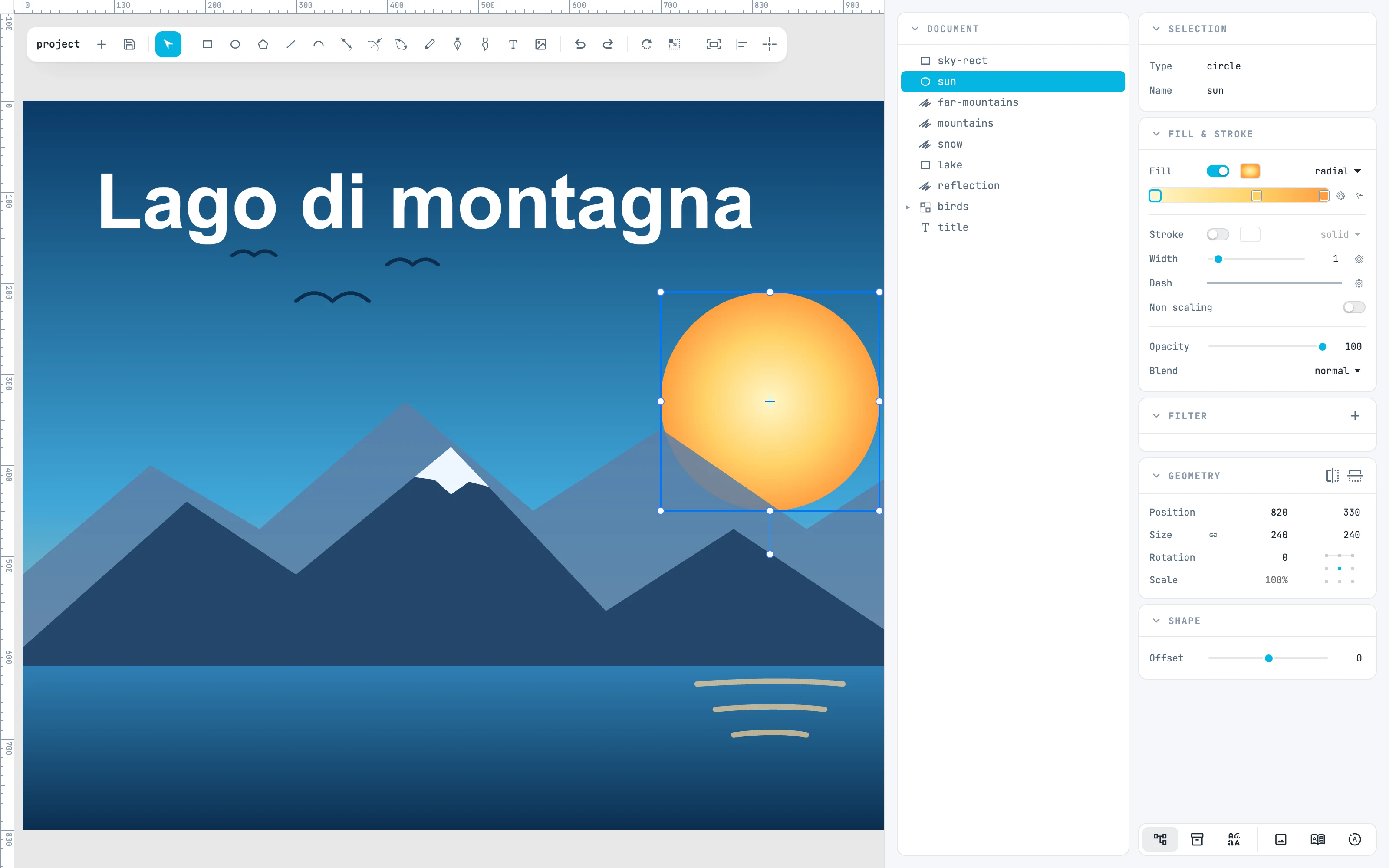 The editor window: toolbar, rulers, canvas, Document tree, selection inspectors and footer