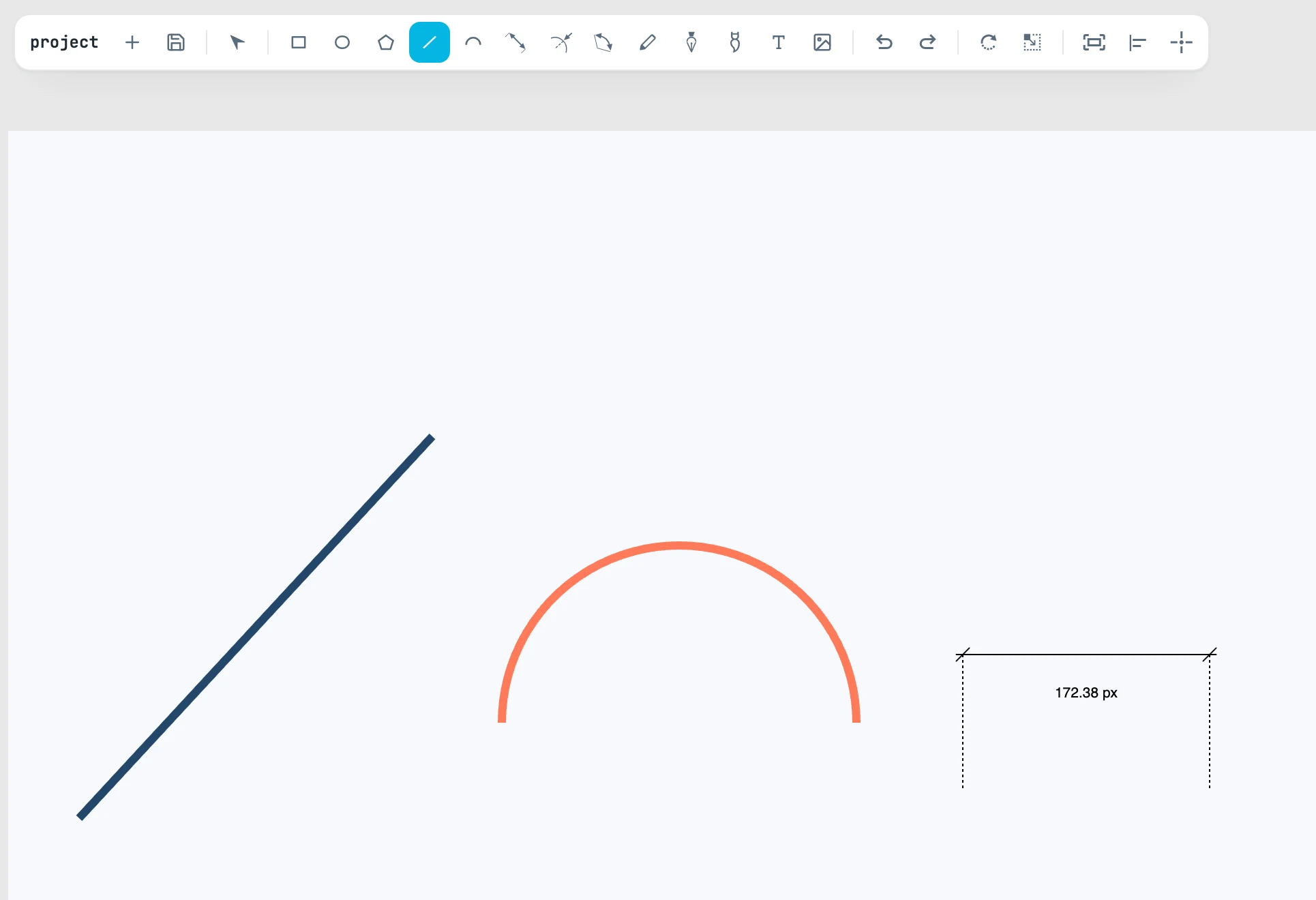 A line, an arc and a linear dimension, each drawn with its own tool