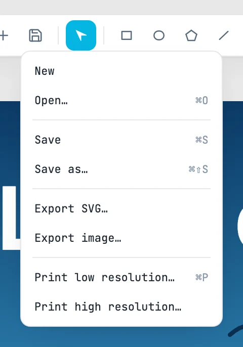 Il menu del file aperto dal suo bottone nella barra: New, Open…, Save, Save as…, Export SVG…, Export image…, e le due stampe