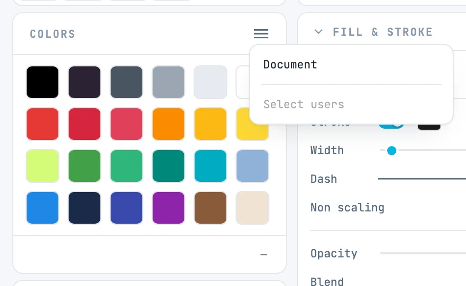 Le menu ≡ du panneau Colors ouvert, avec Document et Select users