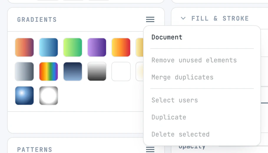 The ≡ menu of the Gradients panel open: Document, Remove unused elements, Merge duplicates, Select users, Duplicate, Delete selected