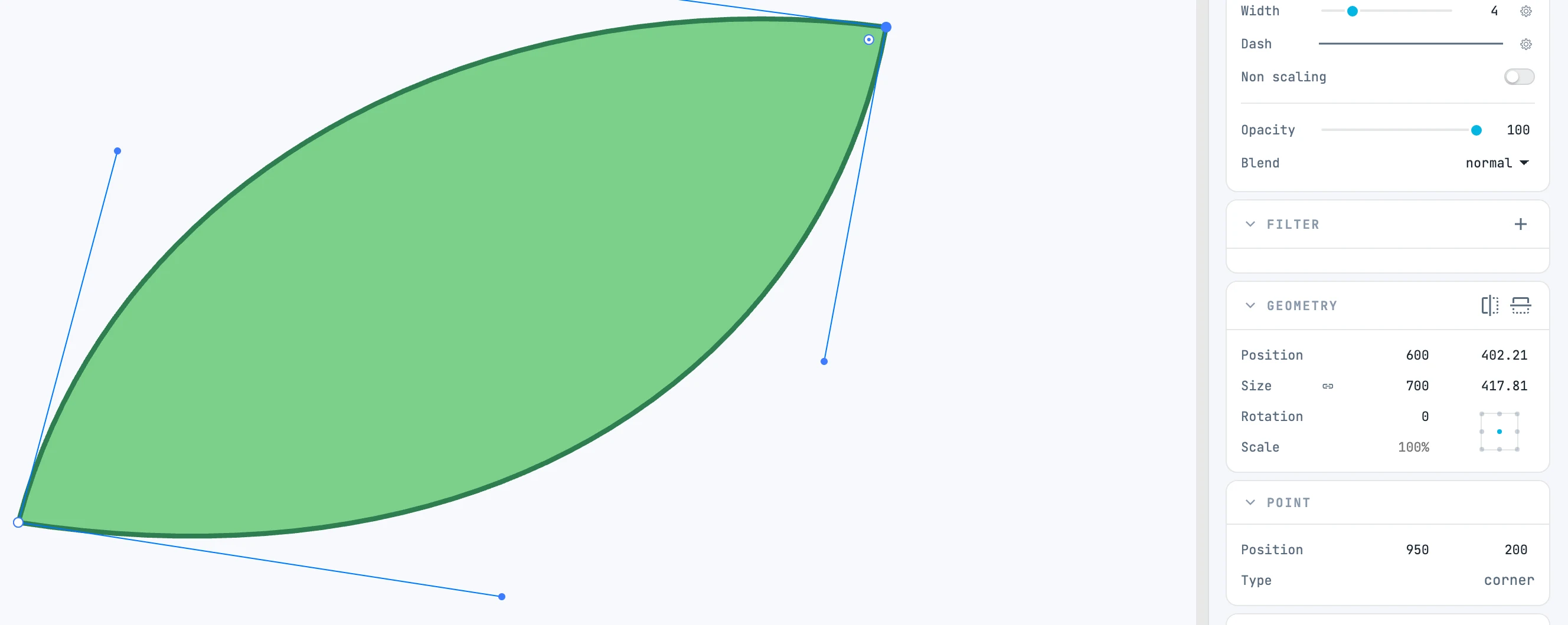 Una foglia nel modo punti, con un punto scelto e i manici delle curve, e il pannello Point