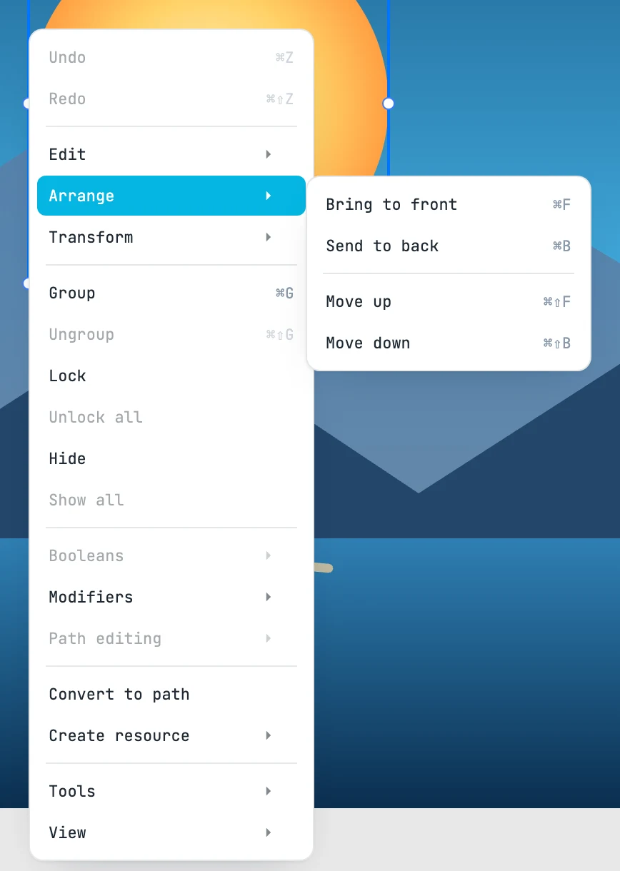 The right-click menu with the Arrange submenu open: Bring to front, Send to back, Move up, Move down