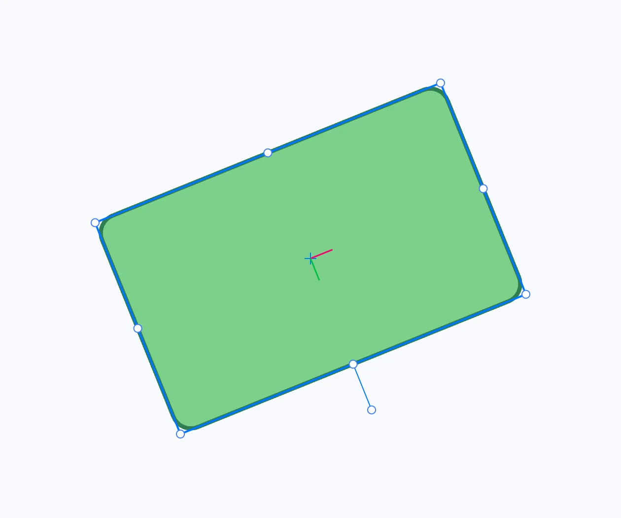 A rotated green box, selected: its origin, with the two axes turned like the box