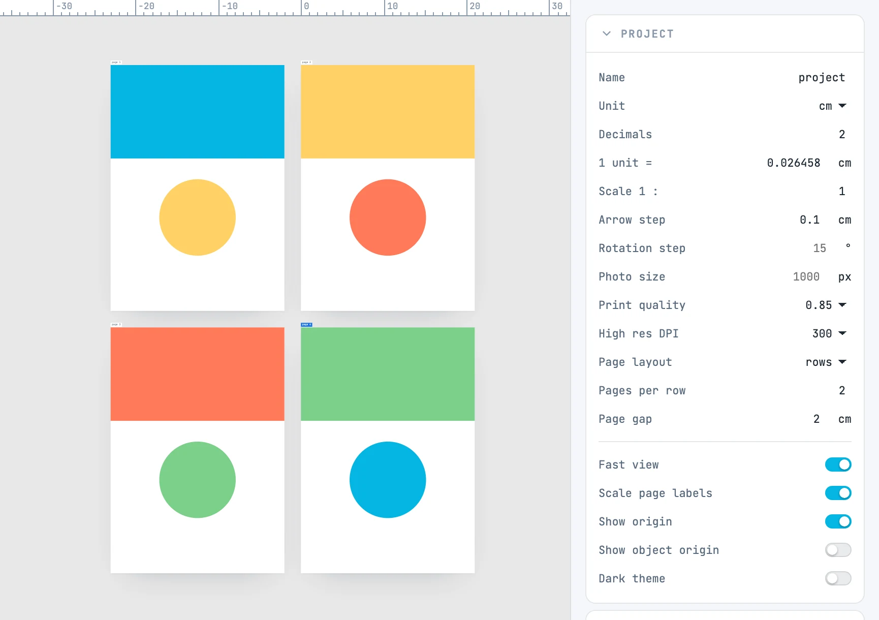 Quatre pages avec Pages per row à 2, sur deux rangées, et le panneau Project avec Page layout, Pages per row et Page gap