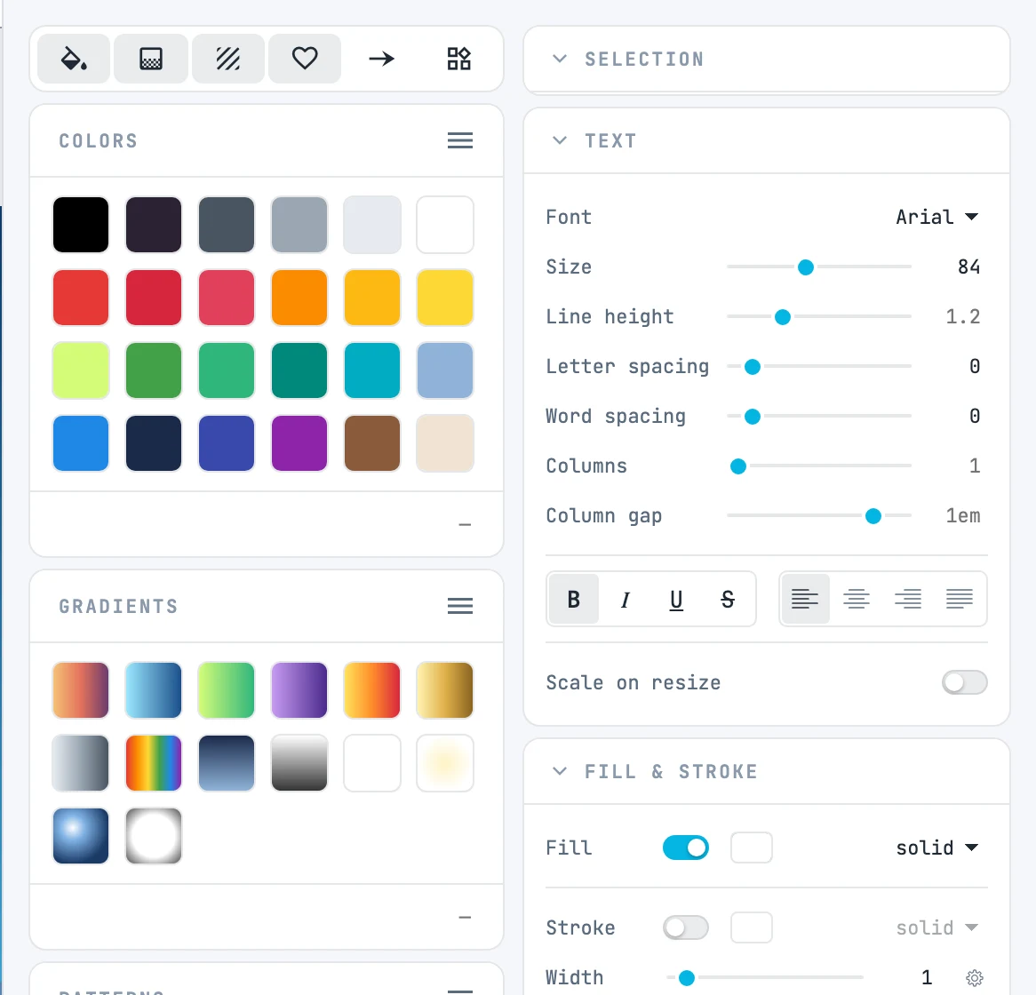 La colonna delle risorse aperta dal footer, con Colors, Gradients e Patterns, accanto agli inspector del titolo scelto