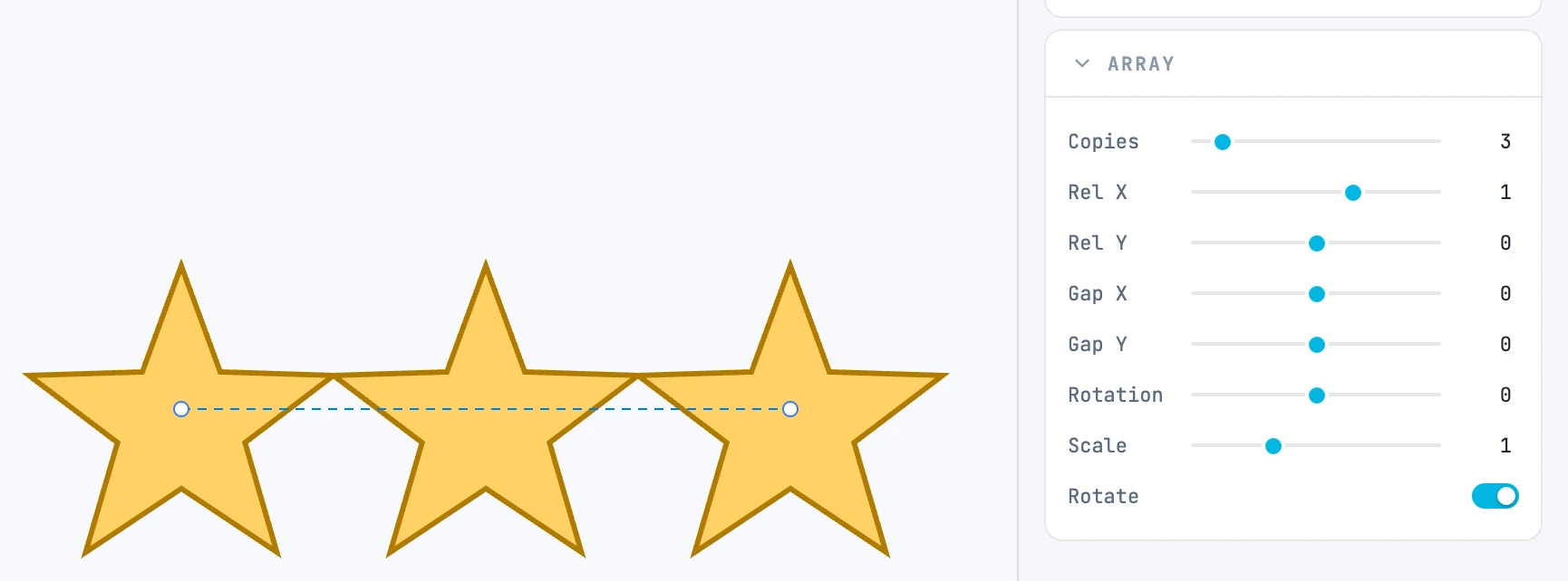 A star repeated in a row ( linear array ) and the Array panel: copies, steps, rotation and scale