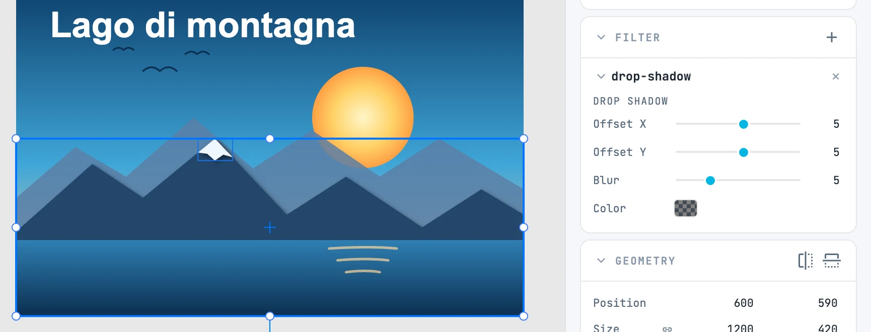 La vetta e i monti con un'ombra portata, e il pannello Filter col filtro aperto