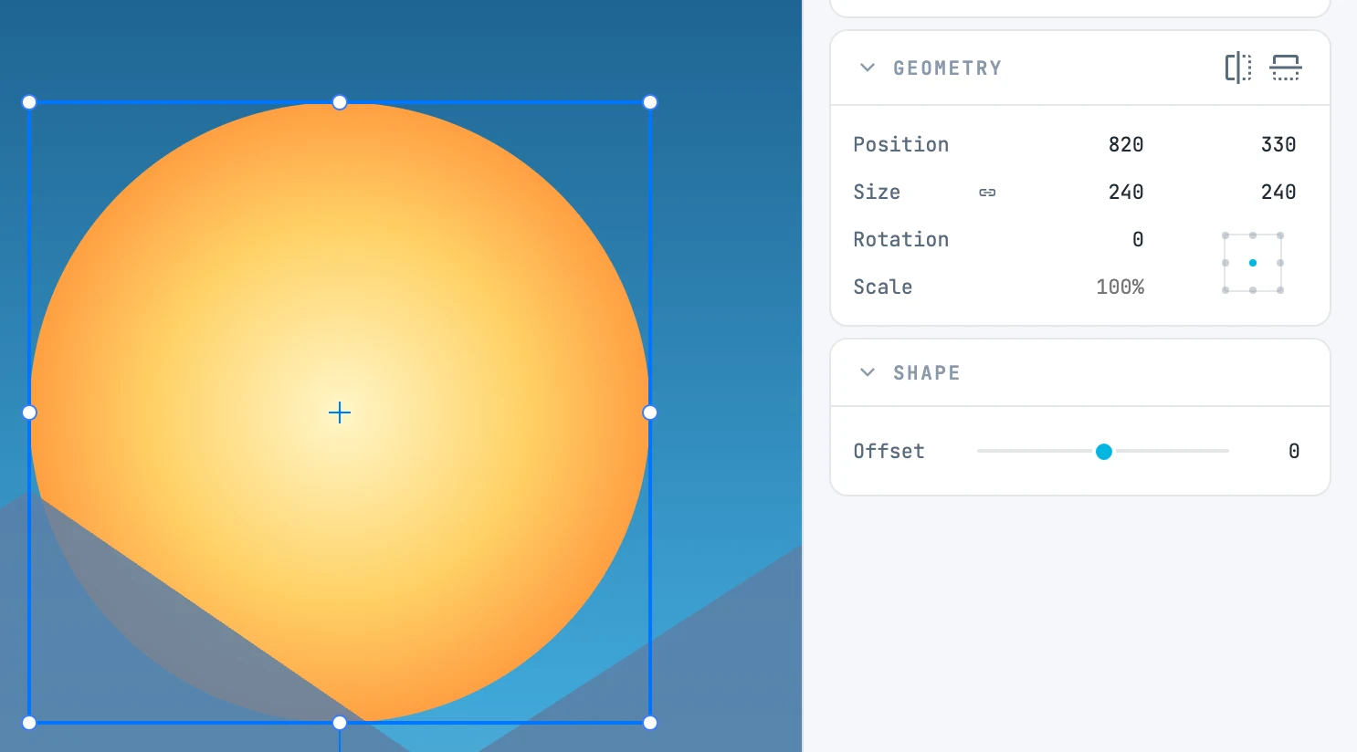 El sol seleccionado y el panel Geometry: posición, medida, rotación, escala y el punto de referencia