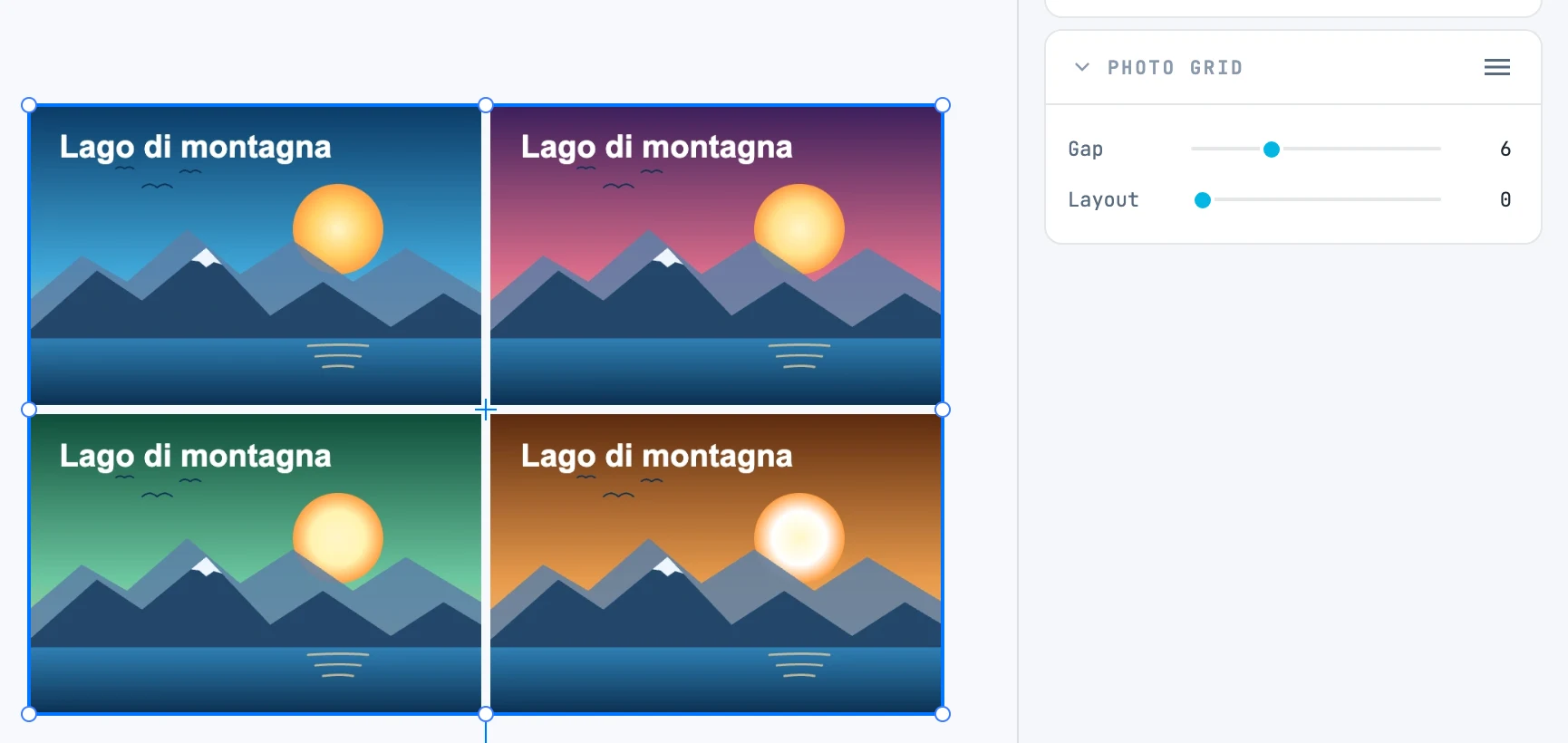 A grid of four photos, selected, and the Photo grid panel with the gap between photos and the layout