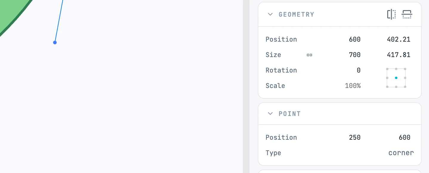 The Point panel with the position and type of the point selected in point mode, below the Geometry panel