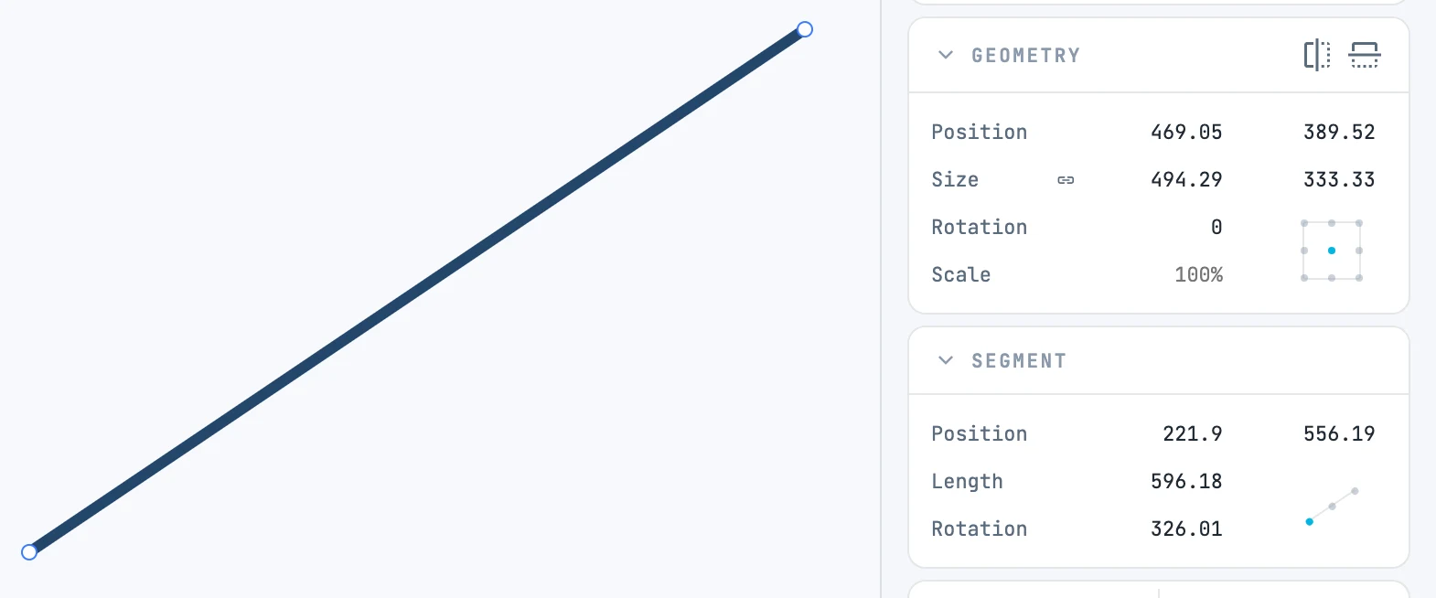 A line selected and the Segment panel: position of the first end, length and rotation
