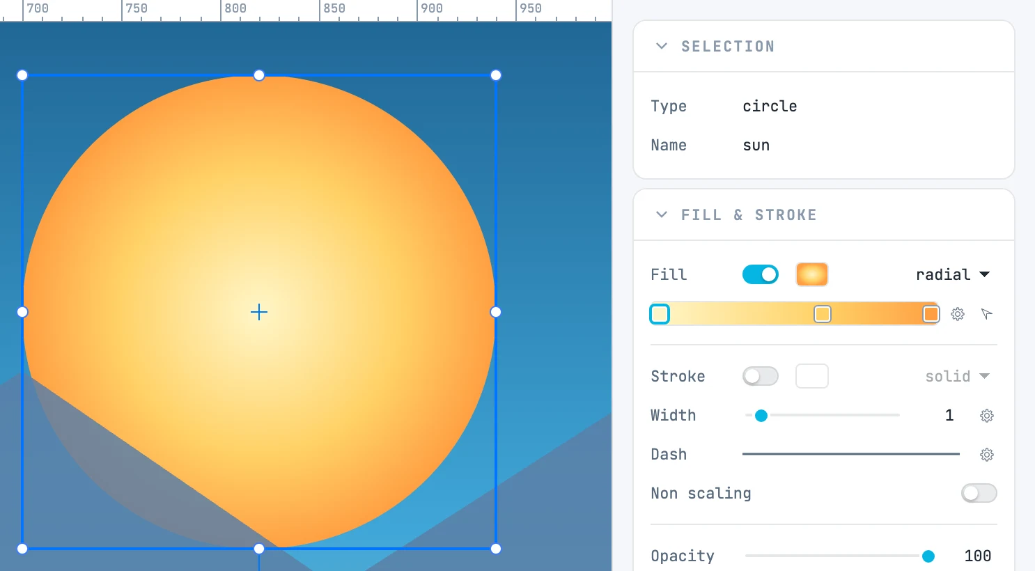 The sun selected and the Selection panel, with the object's type and name