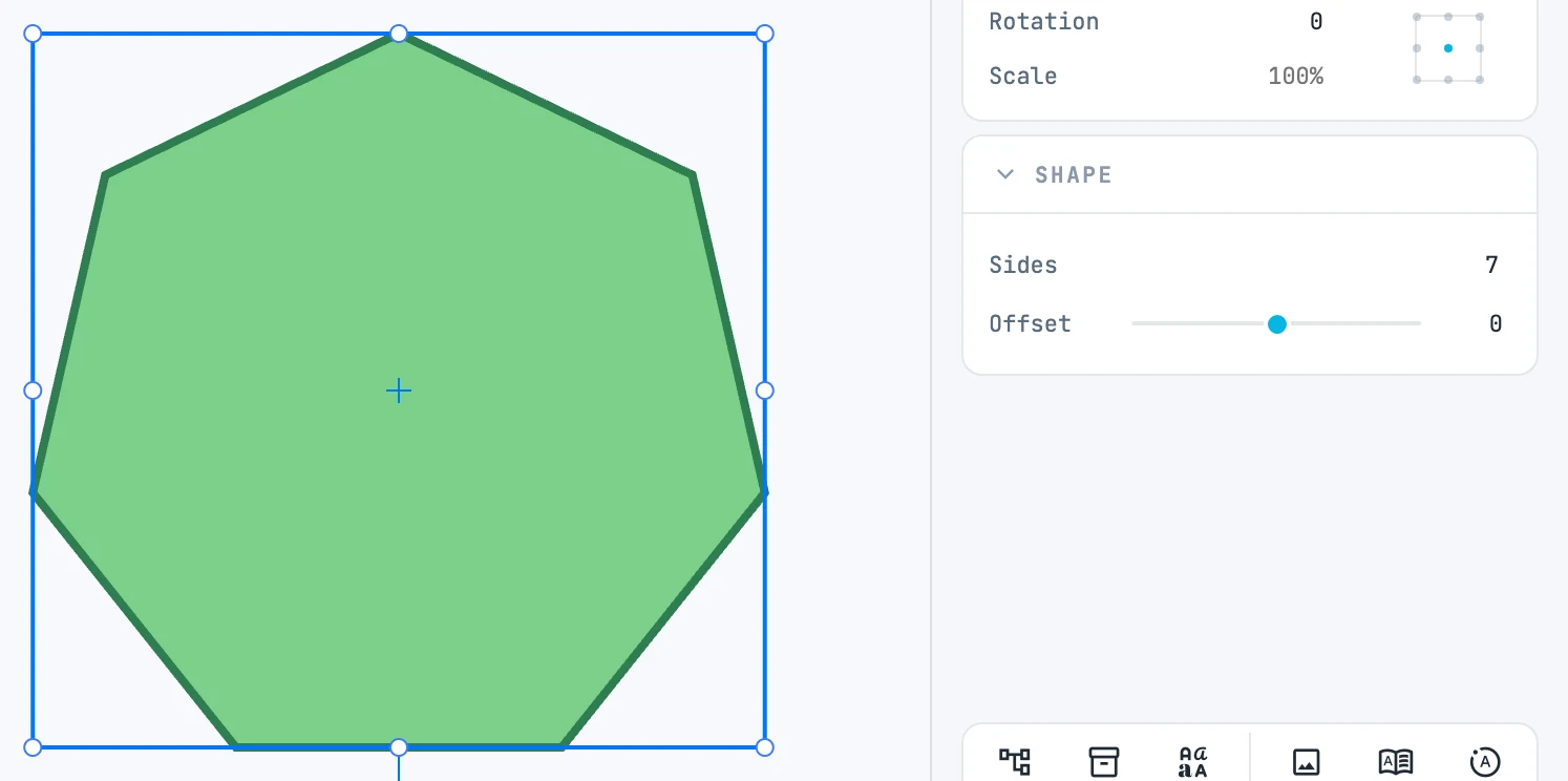 A heptagon selected and the Shape panel, with the sides and the offset