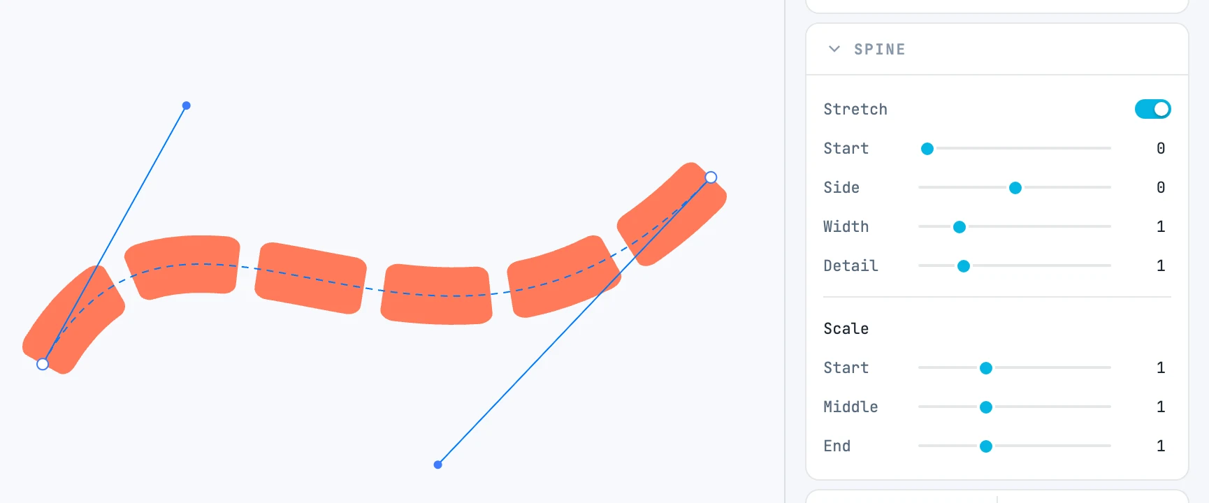 Sei mattonelle piegate lungo una curva e il pannello Spine: Stretch, Start, Side, Width, Detail e le scale