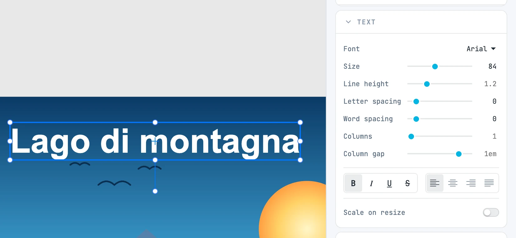 Il titolo scelto e il pannello Text per intero