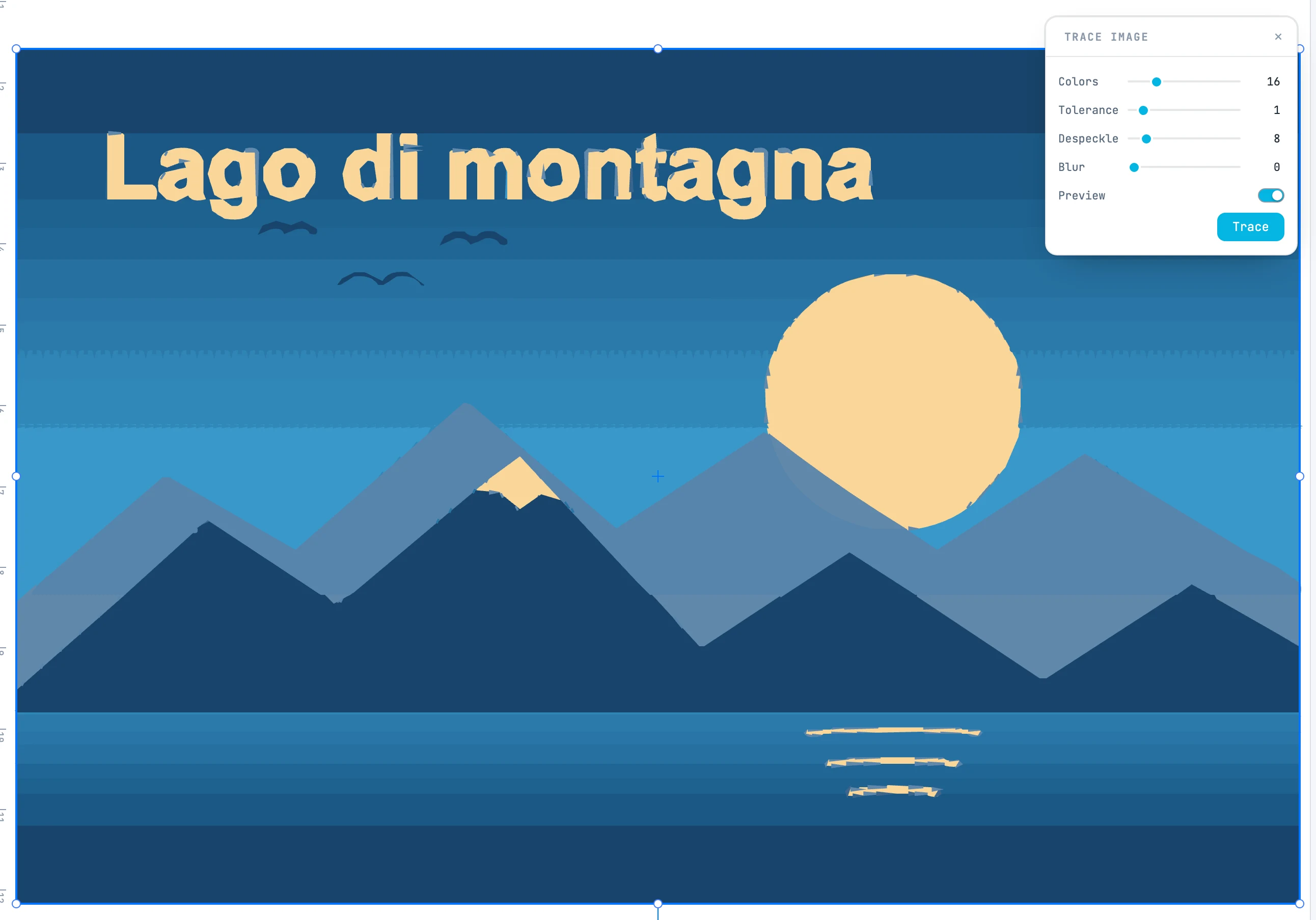 The Trace image panel over the landscape image, with the trace preview on