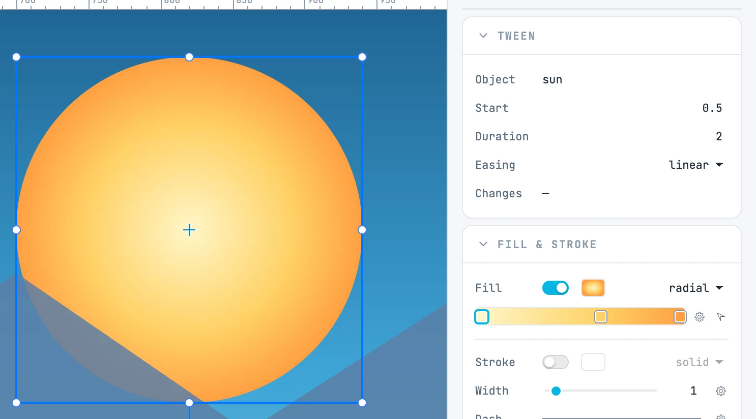 A sun tween selected in the timeline, and the Tween panel with object, start, duration and easing
