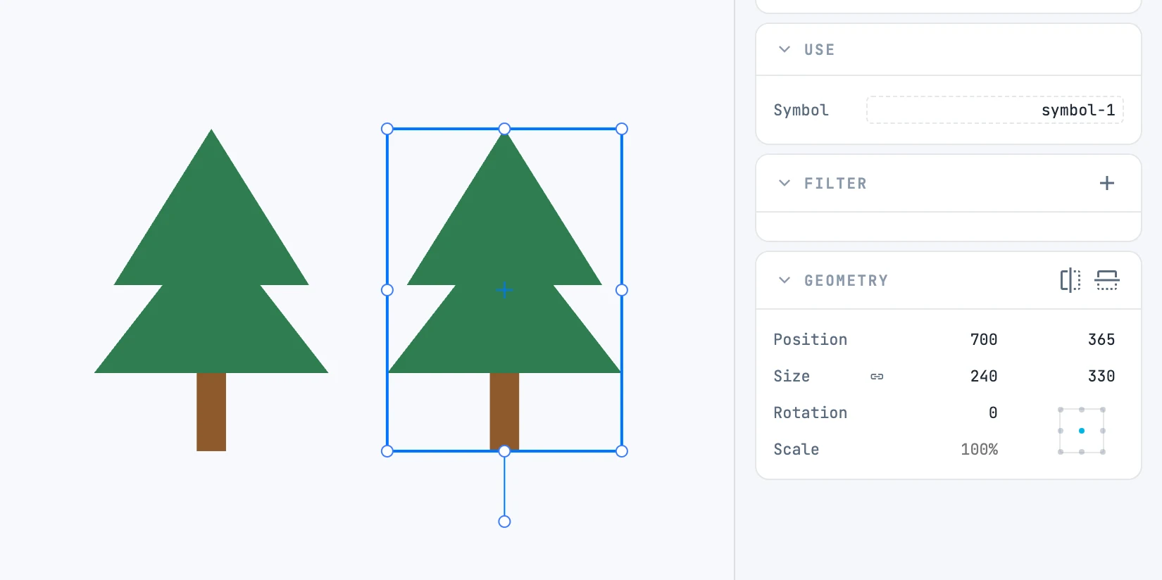 Un árbol convertido en símbolo y duplicado: la copia seleccionada y el panel Use con el símbolo que muestra