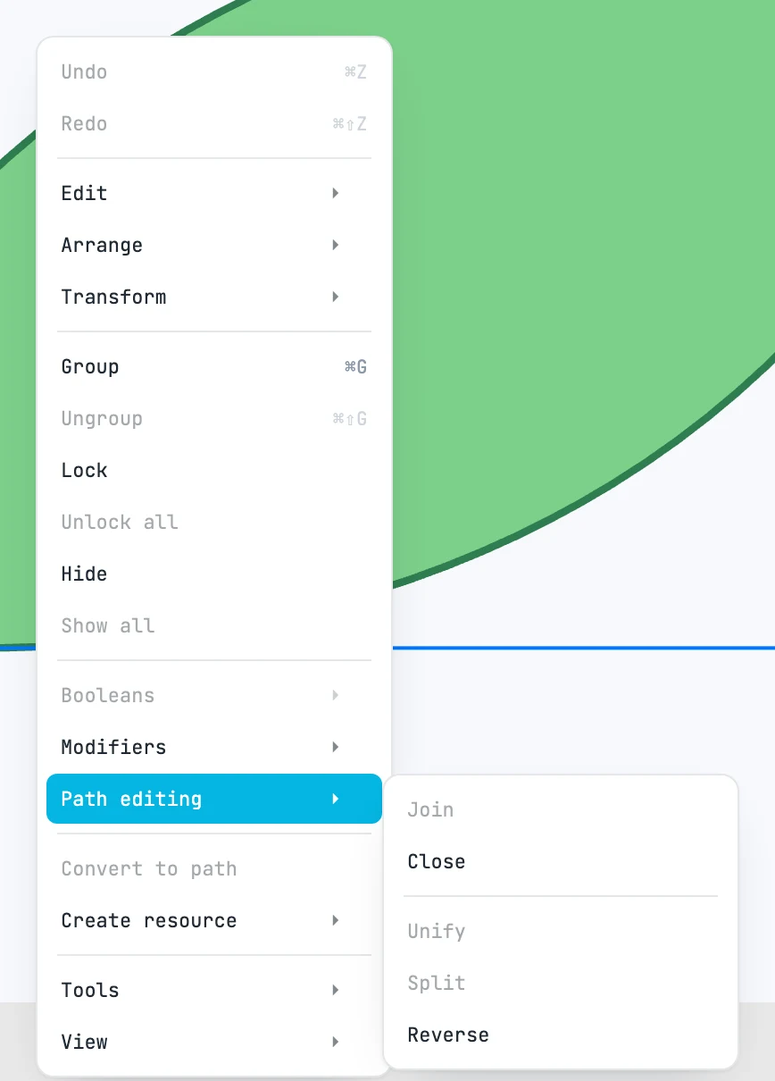 The right-click menu on a path, with the Path editing submenu open