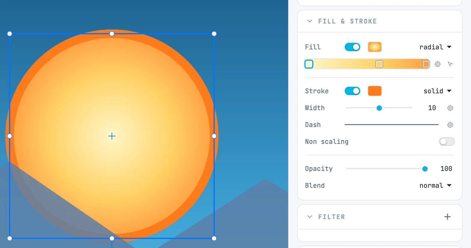 El sol seleccionado, con relleno radial y trazo naranja, y las filas Fill y Stroke del panel Fill & stroke