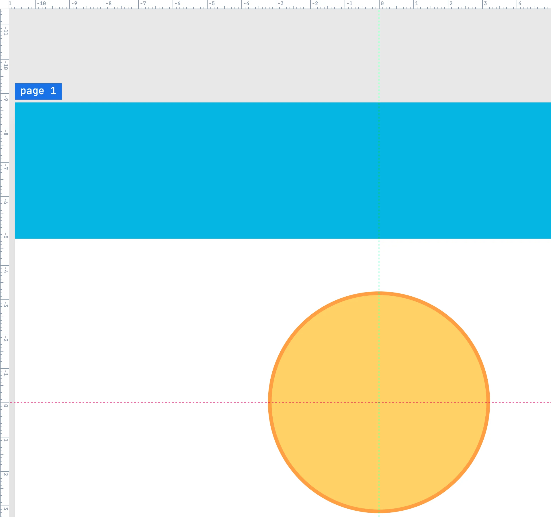 The page origin dragged from the square between the rulers to the centre of a disc: the pink and green cross passes through it