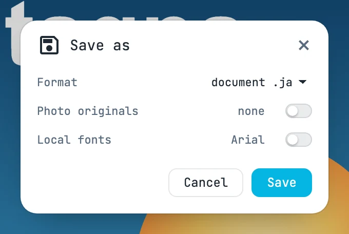 The Save as dialog: the format, .ja document or package, the photo originals and the local fonts