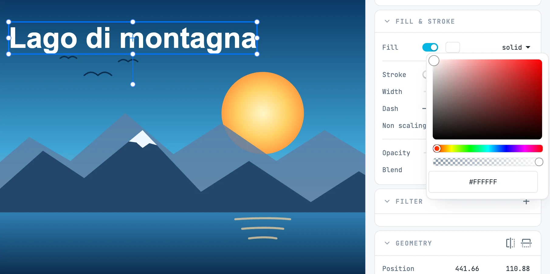 The title selected and the color picker opened from the fill swatch