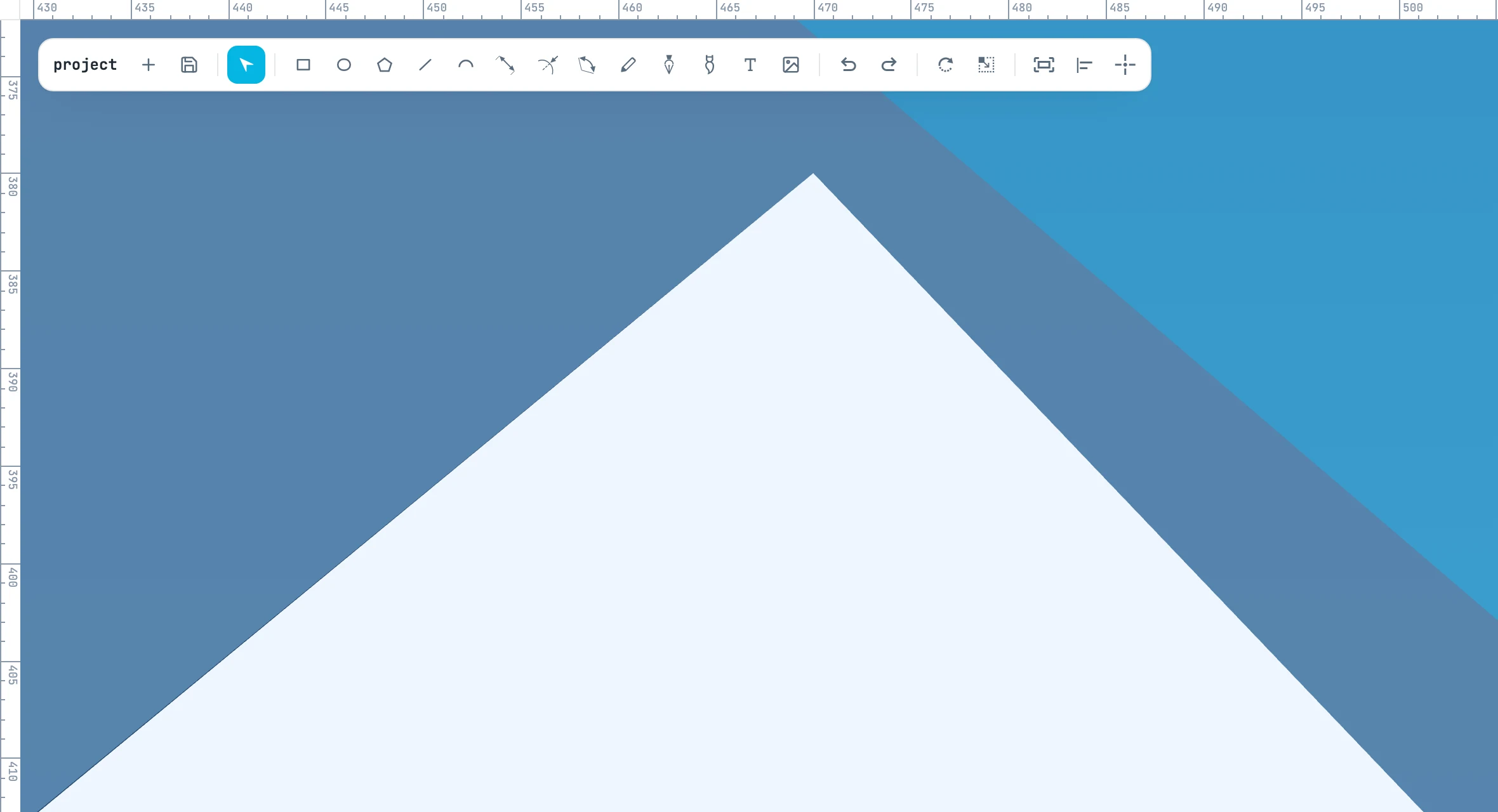 The view zoomed right in on the snowy peak: dense rulers and the toolbar with the framing buttons