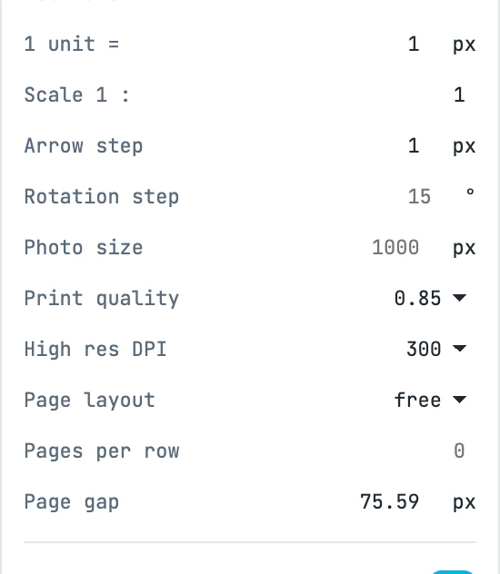 The print settings in the Project panel: Print quality for low resolution and High res DPI for high resolution