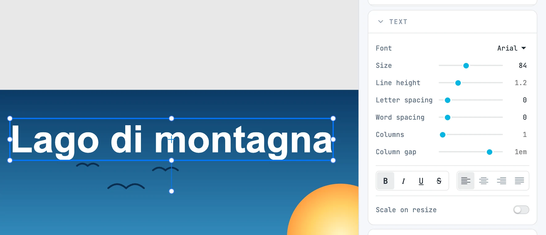 The title selected and the Text panel: font, size, line height, spacing, columns, bold, italic and alignment