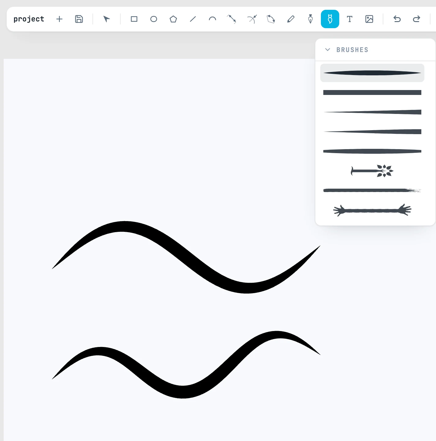 Two brush strokes, and the Brushes list opened by hovering over the brush button